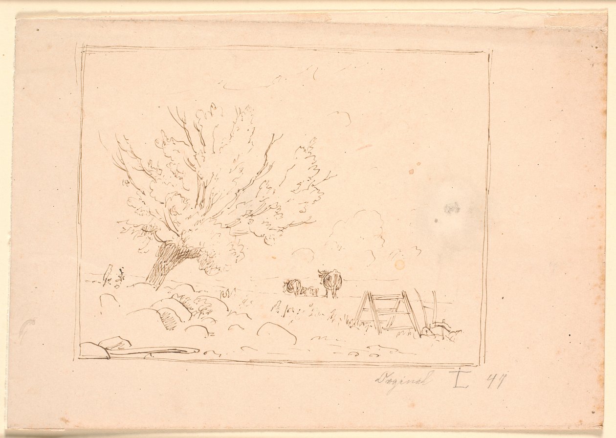 Paysage avec un saule près de grosses pierres, un coq, une charrue et trois vaches - Johan Thomas Lundbye
