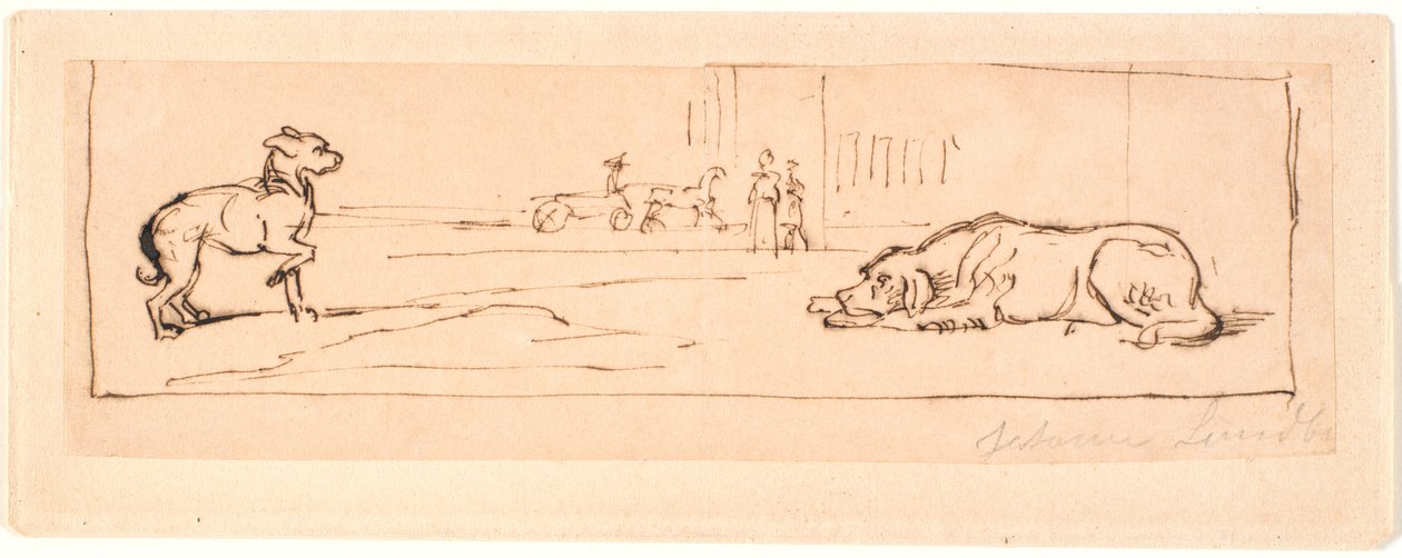 Deux chiens dans une rue. En arrière-plan une calèche et deux piétons - Johan Thomas Lundbye