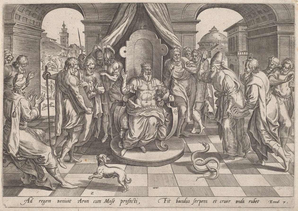 Moïse et Aaron devant le Pharaon - Johan Wierix, after Maarten van Cleef