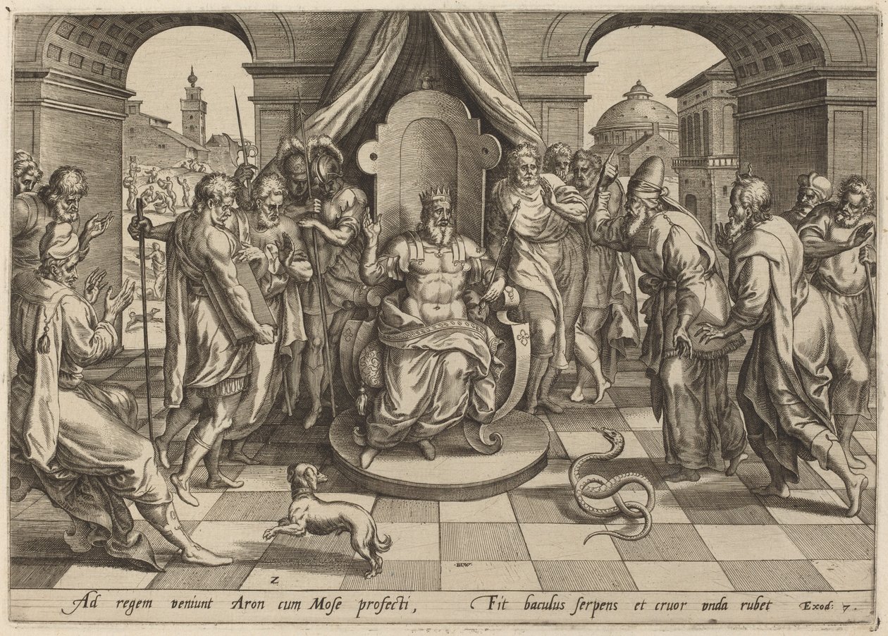 Moïse et Aaron devant le Pharaon - Johan Wierix, after Maarten van Cleef