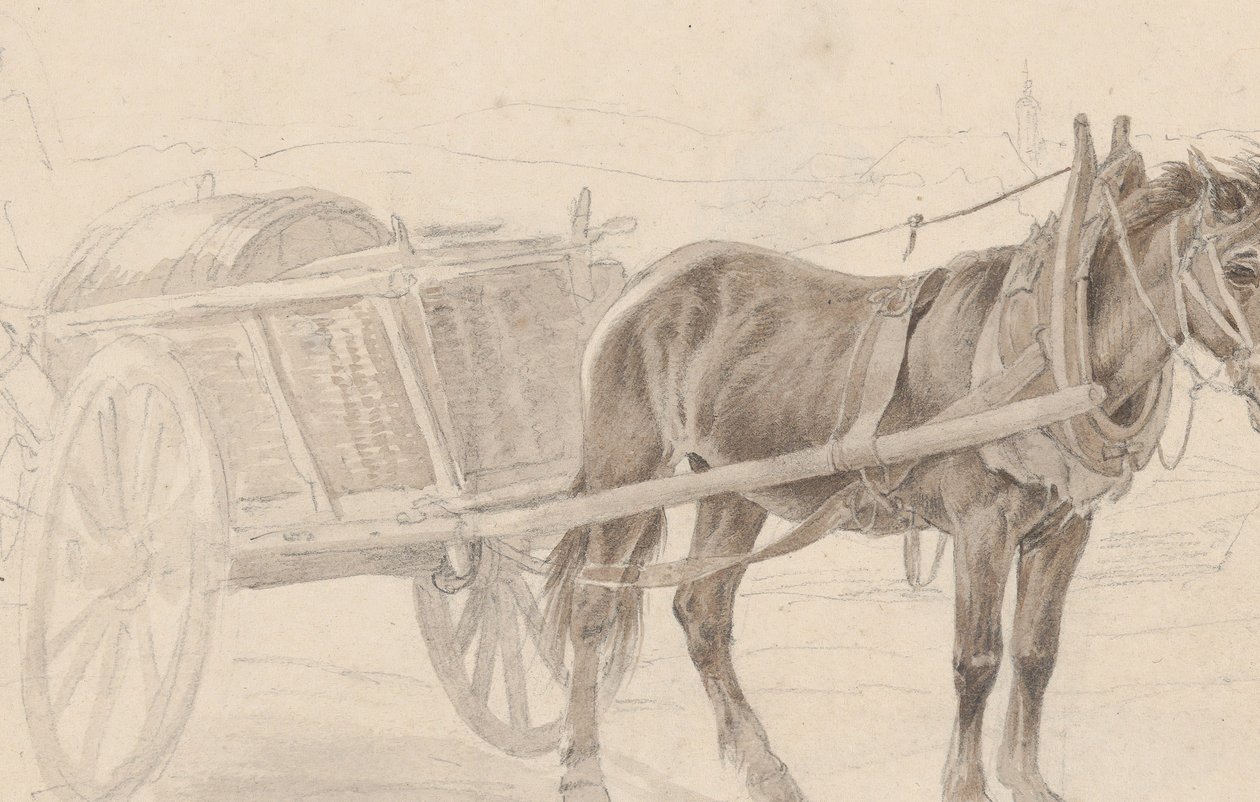 Chariot tiré par un cheval brun près d