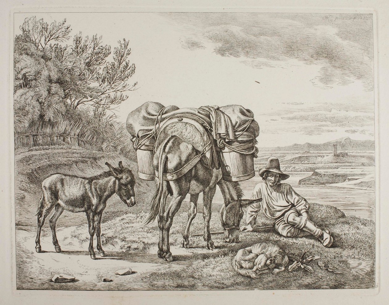Une mule chargée et son conducteur au repos - Johann Adam Klein
