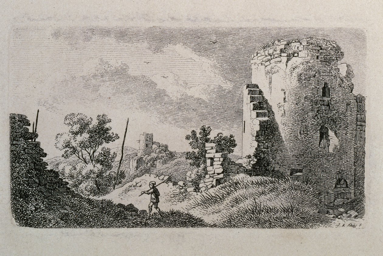 Château en ruines avec un homme - Johann Adam Klein