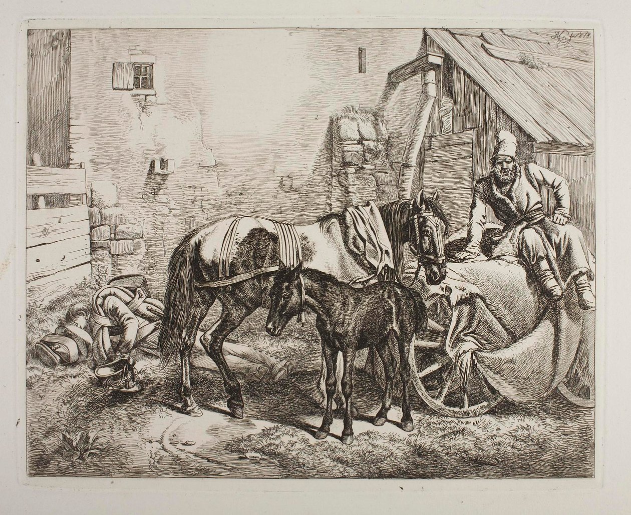 Chariot à bagages russe devant une maison - Johann Adam Klein