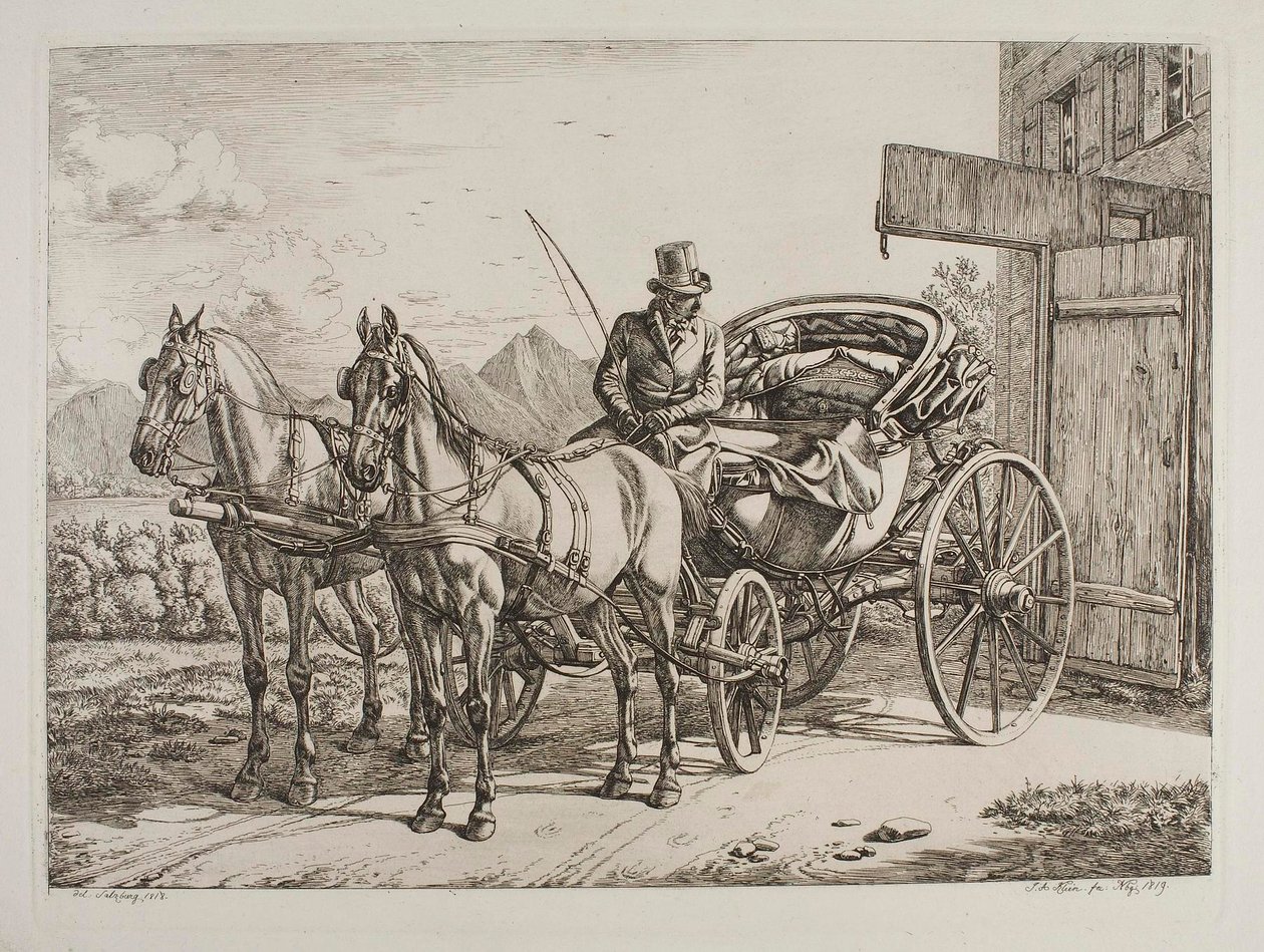 Deux chevaux attelés à une calèche de luxe - Johann Adam Klein