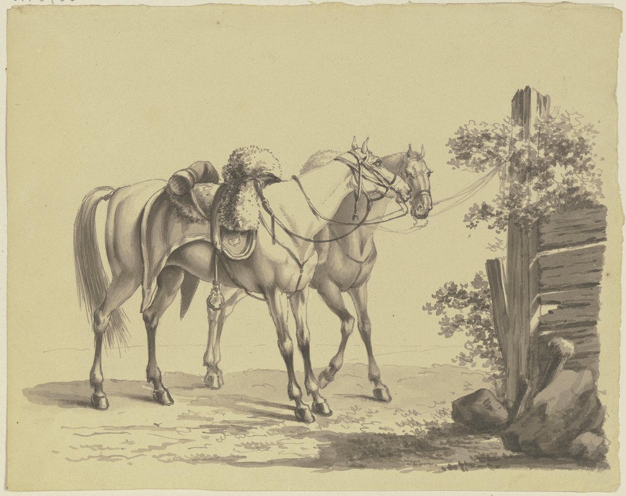 Deux chevaux militaires sellés, attachés à un poteau - Johann Adam Klein