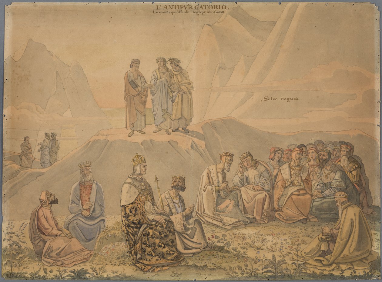Ici, Dante trouve les âmes de princes qui, uniquement préoccupés des soucis du gouvernement, négligèrent de faire pénitence et doivent maintenant se purifier dans une prairie verte et fleurie - Johann Anton Ramboux