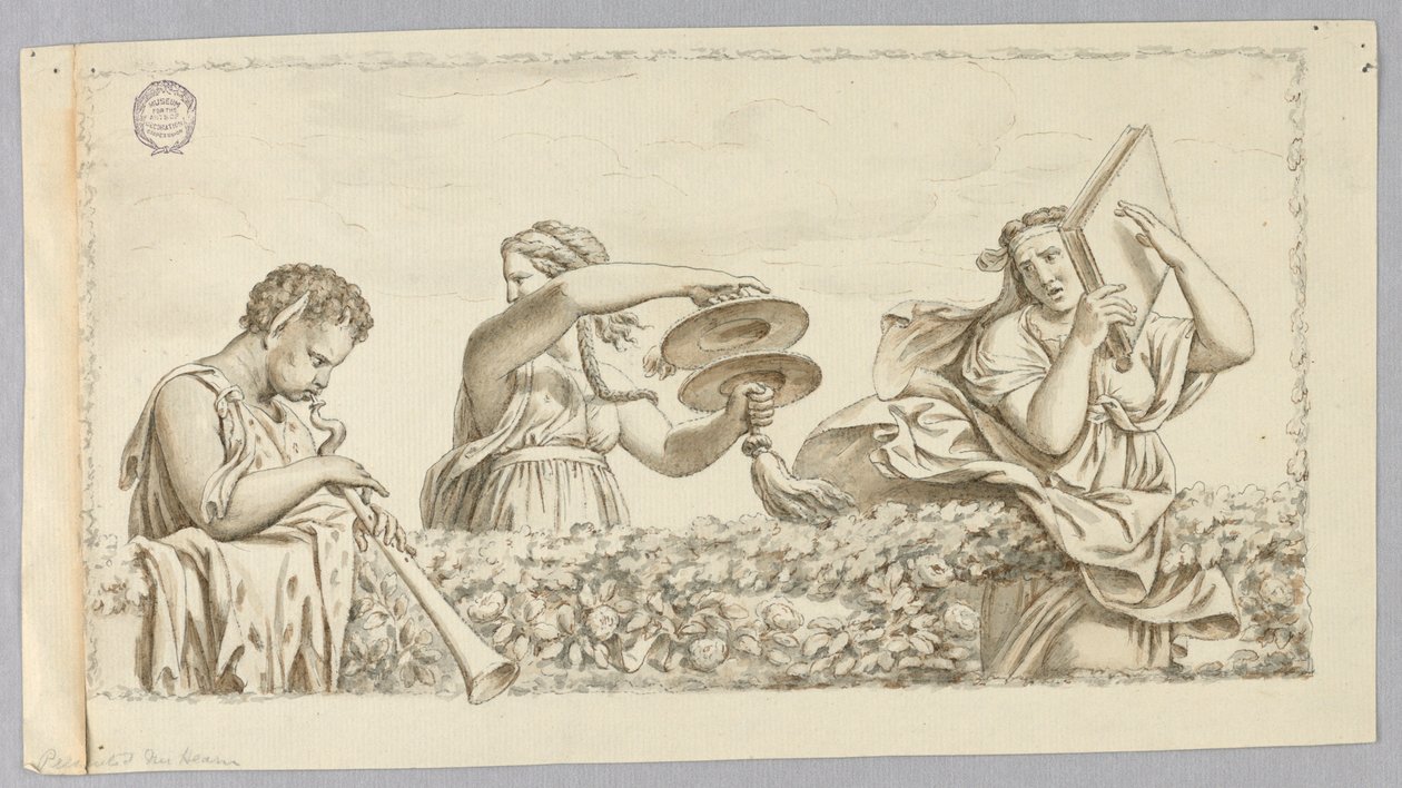 Un garçon satyre jouant de la flûte, une fille avec des cymbales, une femme avec un livre - Johann August Nahl the Younger