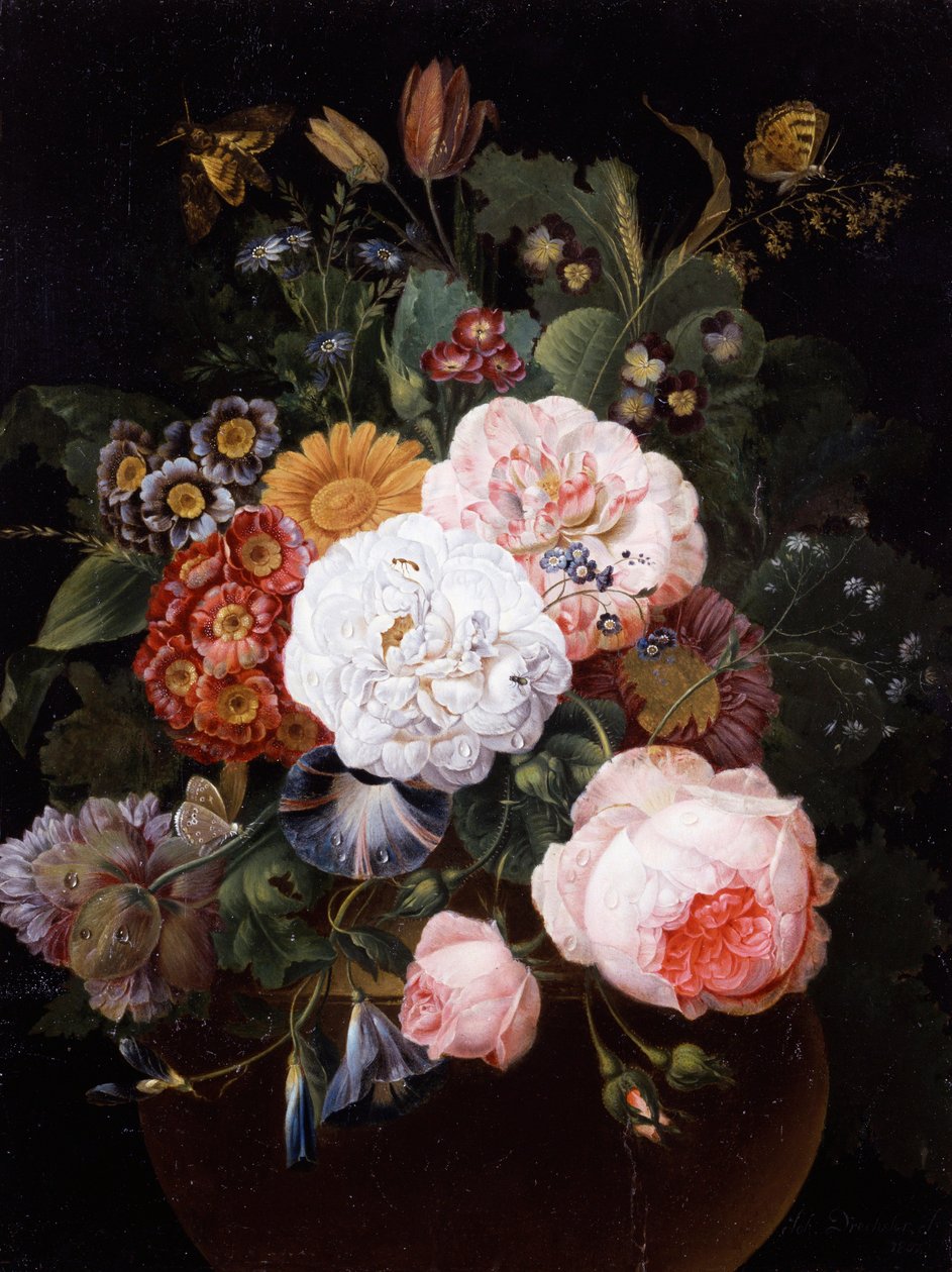 Nature morte de Fleurs dans un pot (dont roses, primeveres et marguerites) - Johann Baptist Drechsler