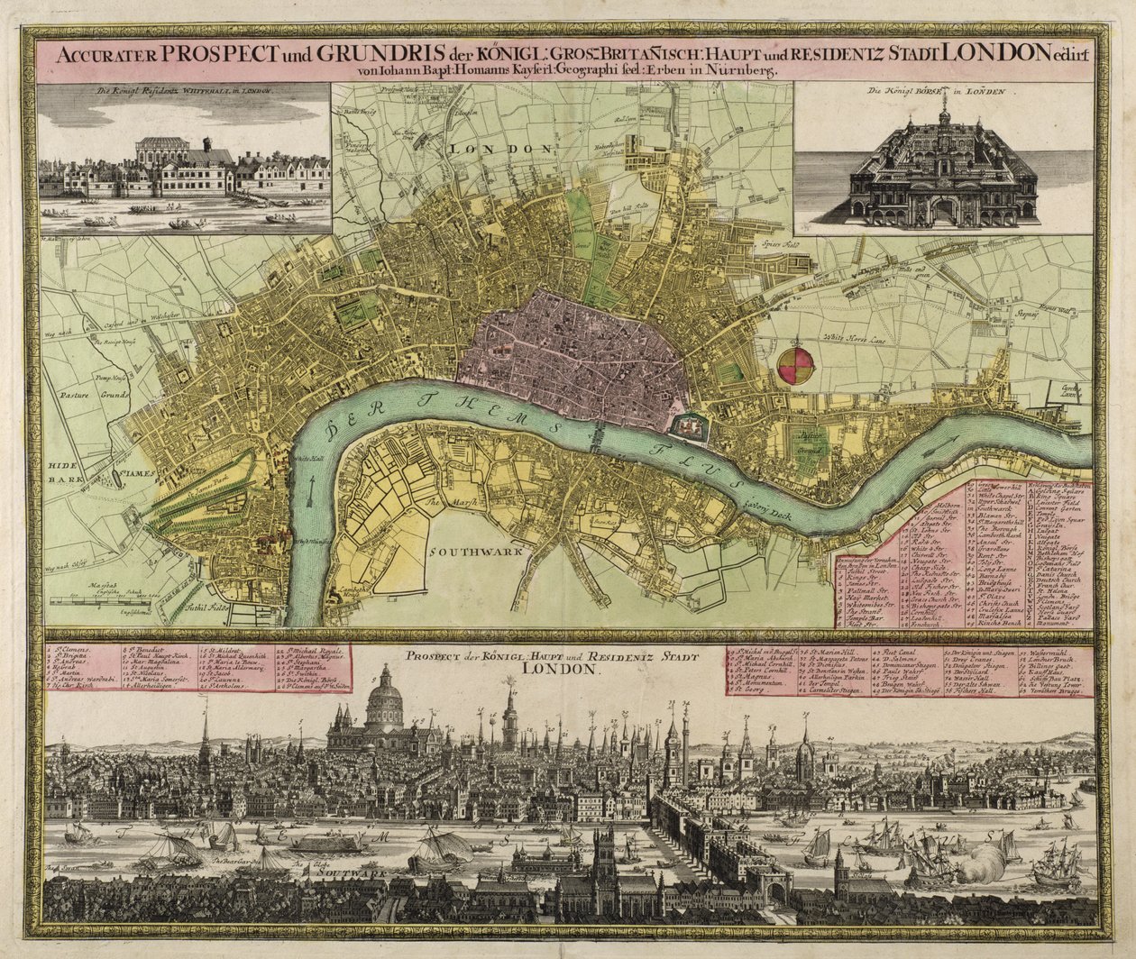 Carte et perspective de Londres, c.1710 - Johann Baptista Homann