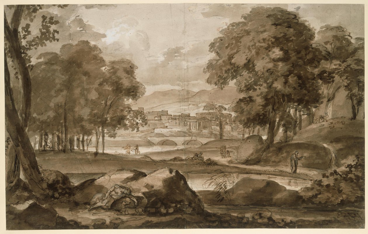 Grand paysage forestier avec une ville antique et des personnages en arrière-plan - Johann Christian Reinhart