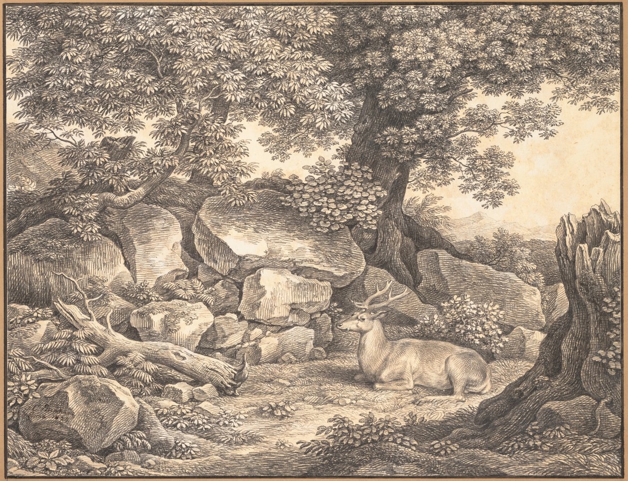 Paysage italien avec des arbres, des rochers et un cerf au repos - Johann Christian Reinhart