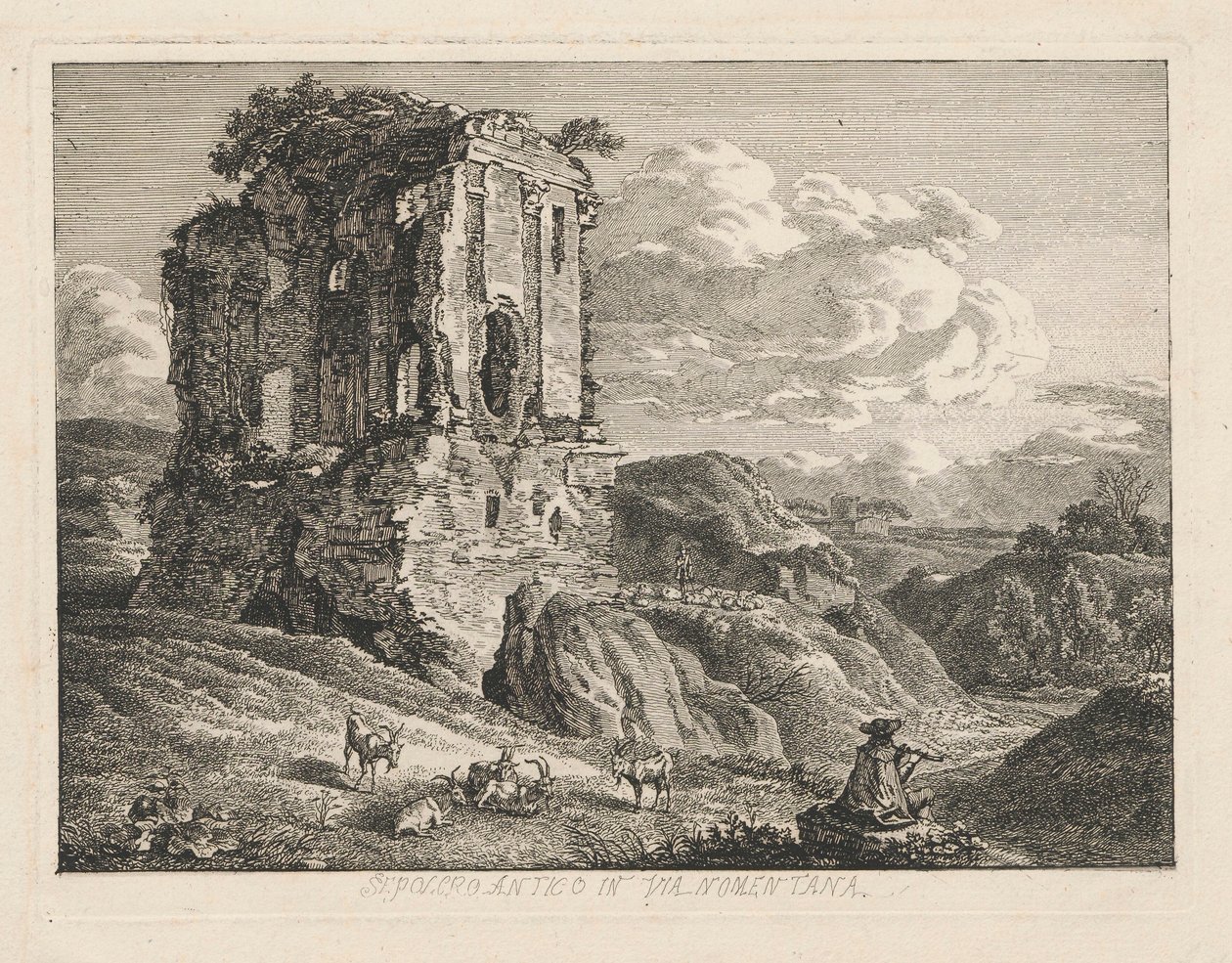 Paysage avec un tombeau antique ; à droite, des chèvres et un berger jouant de la flûte - Johann Christian Reinhart