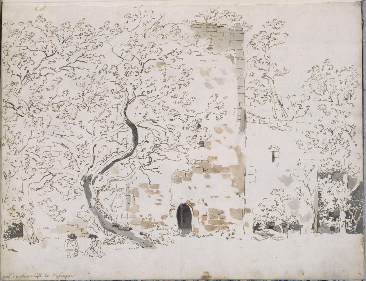 Deux dessinateurs devant un château derrière des arbres : à la Maienlust près de Wasungen - Johann Christian Reinhart