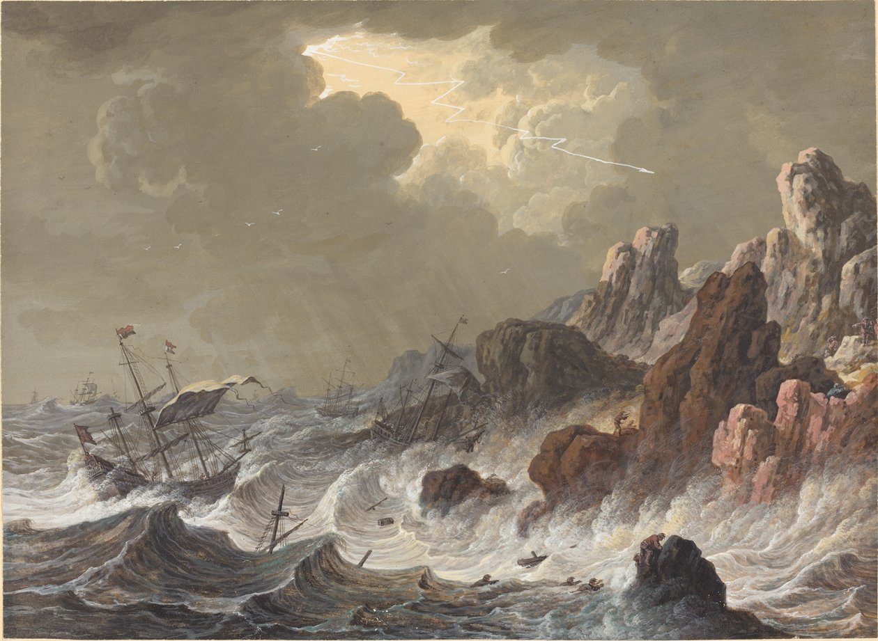 Navires secoués par la tempête échoués sur une côte rocheuse - Johann Christoph Dietzsch
