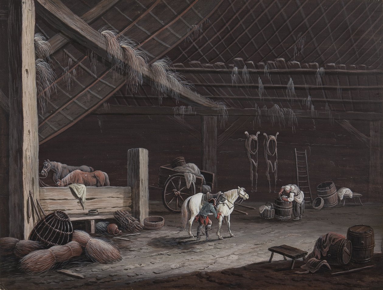 Le cheval blanc : intérieur de grange - Johann Christoph Dietzsch