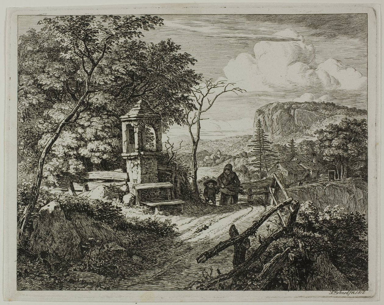 Ramasseur de bois avec un garçon, planche deux de Die zwei grossen Landschaften mit den Betsäulen - Johann Christoph Erhard