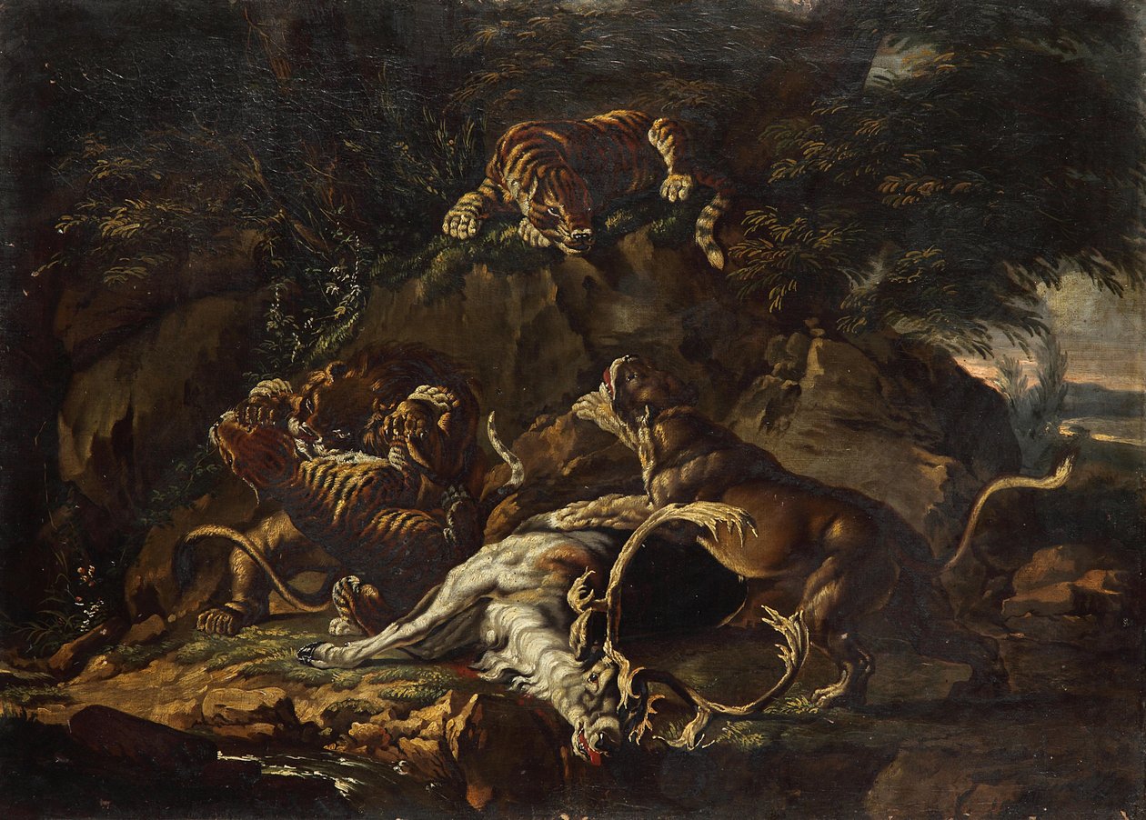 Prédateurs et cerf déchiré - Johann Elias Ridinger