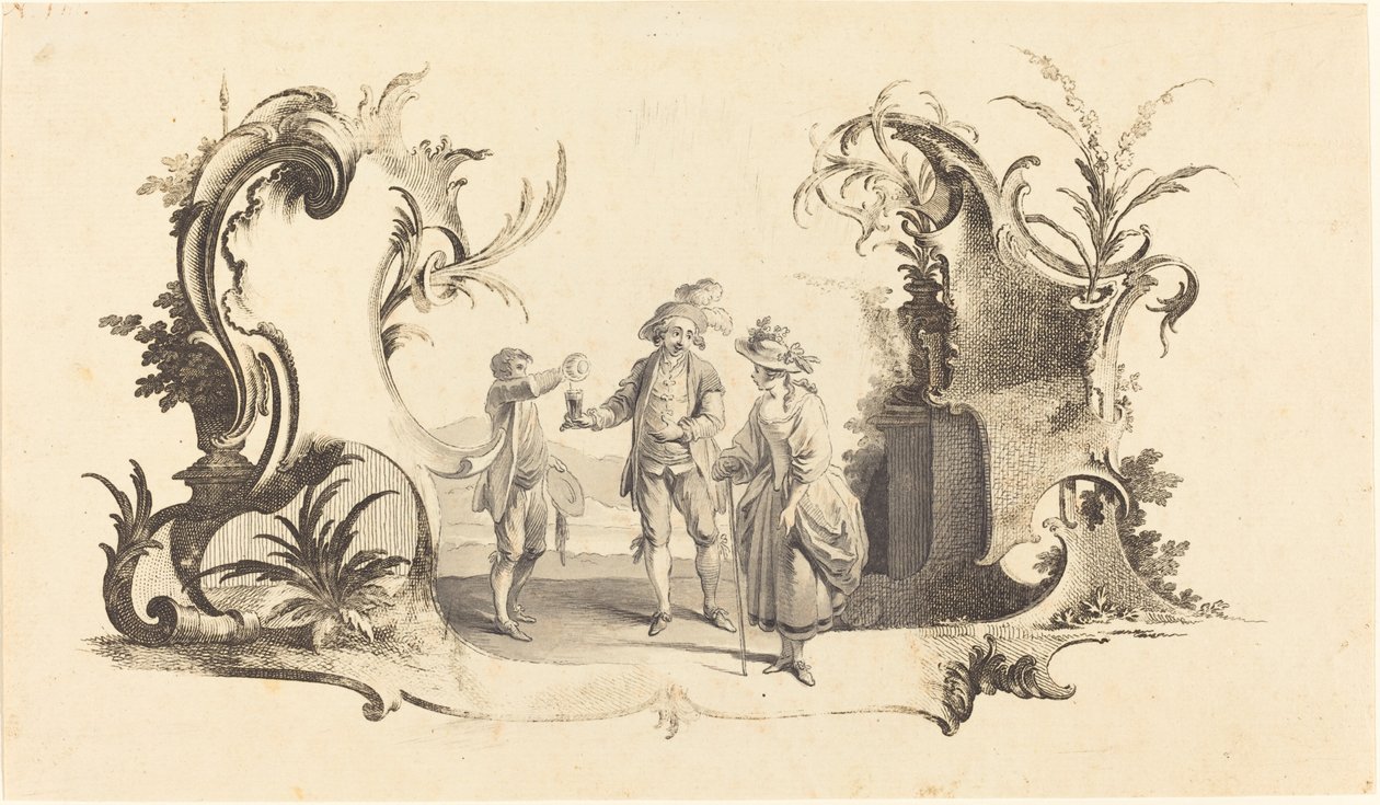 Cartouche moderne avec un jeune couple servi du vin - Johann Esaias Nilson
