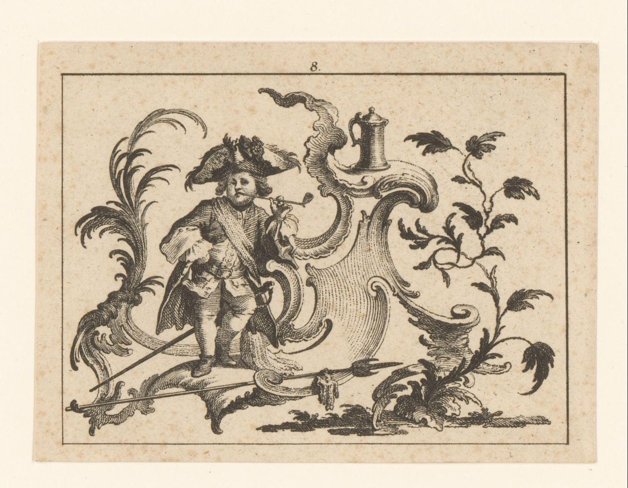 Homme fumant une pipe appuyé contre un ornement rococo - Johann Esaias Nilson