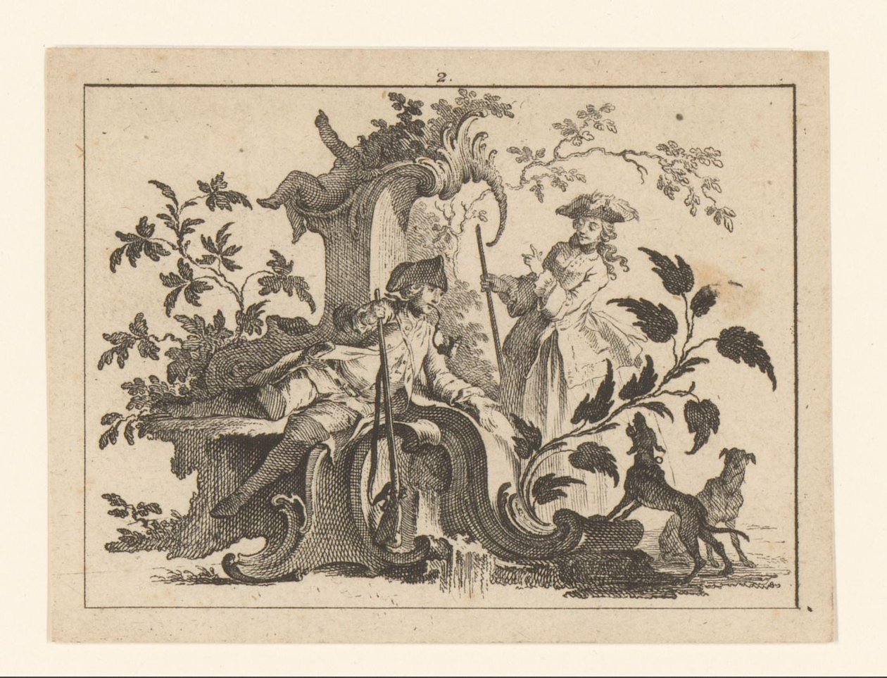 Homme fumant la pipe avec un fusil et une femme avec deux chiens sur un ornement rococo Rokers op rococo-ornament (titre de la série) - Johann Esaias Nilson