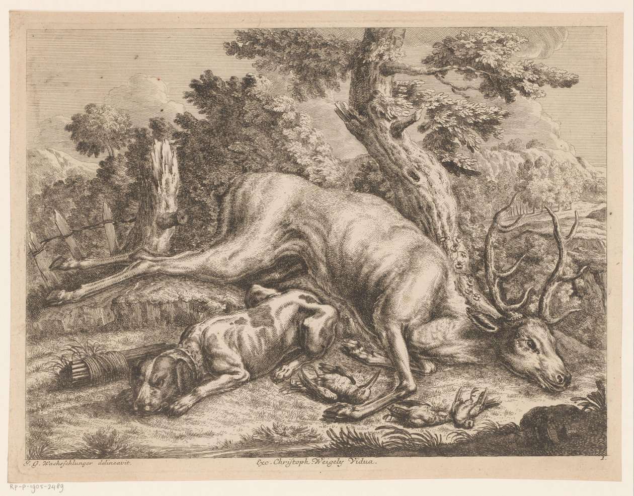 Chien de chasse et gibier avec cerf et oiseaux (série: Gibiers de chasse) - Johann Georg Wachsschlunger