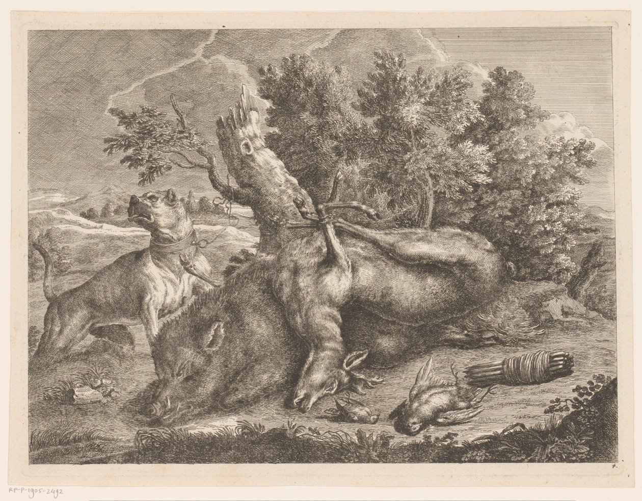 Chien de chasse et gibier avec sanglier, cerf et oiseaux - Johann Georg Wachsschlunger