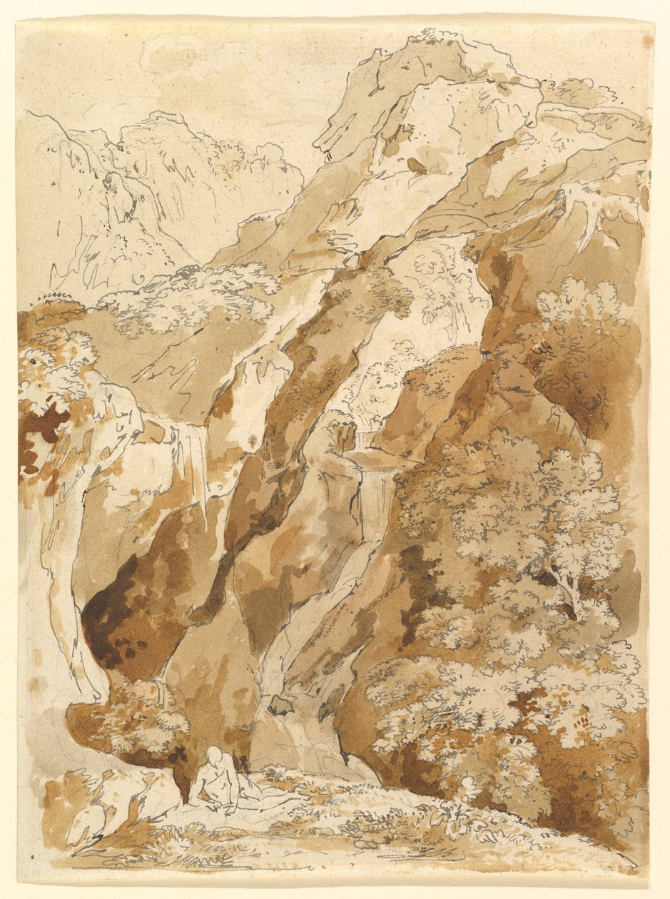 Homme allongé dans un paysage montagneux avec des cascades - Johann Georg von Dillis