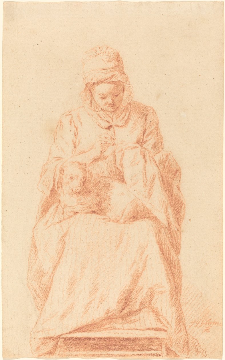 Jeune femme cousant avec un chien reposant sur ses genoux - Johann Gottlieb Glume