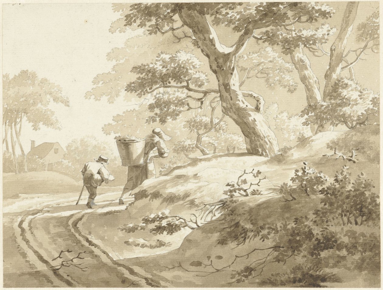 Paysage avec femme et garçon sur un chemin de campagne - Johann Heinrich Keller (II) (possibly)