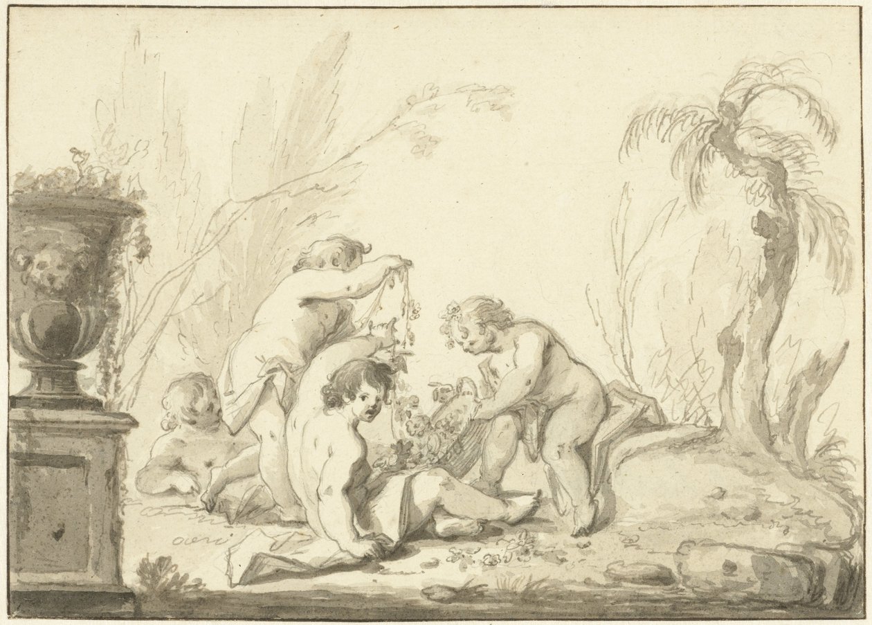 Représentation allégorique avec des enfants portant un panier de fleurs - Johann Heinrich Keller (II)