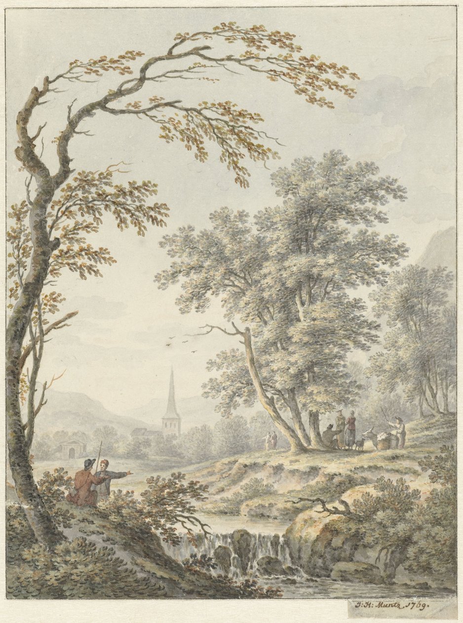 Paysage avec cascade et église au loin - Johann Heinrich Muntz