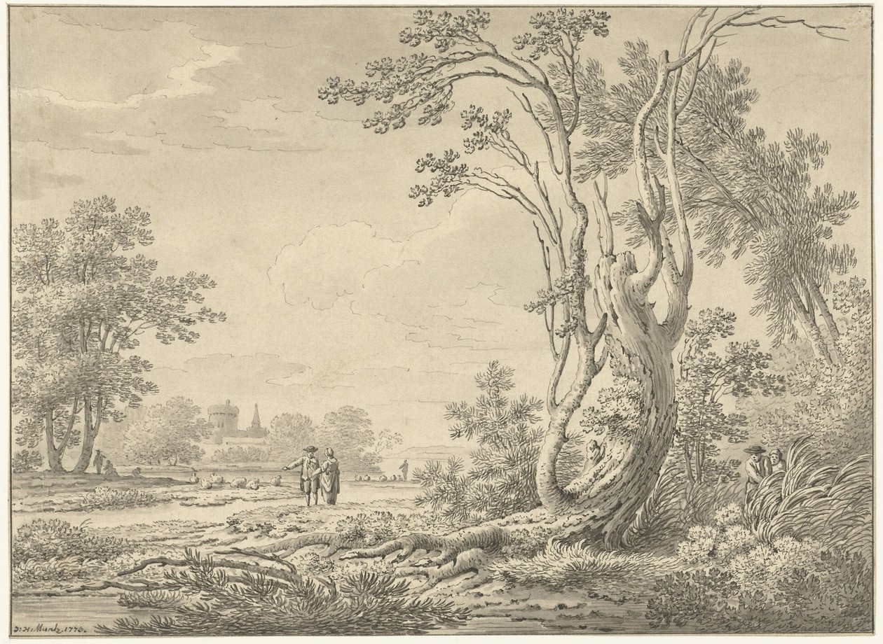 Paysage méridional avec château, bétail et promeneurs - Johann Heinrich Muntz