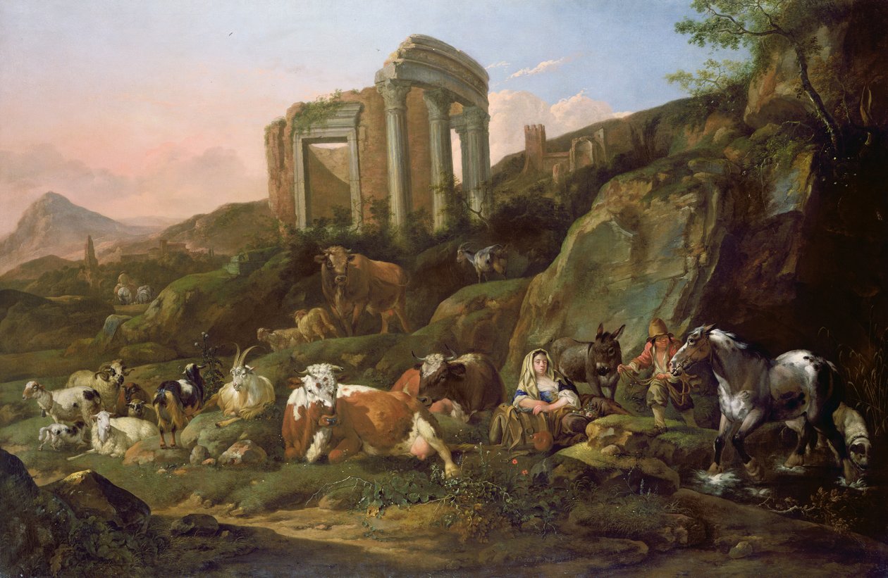 Animaux de ferme dans un paysage classique, 1684 - Johann Heinrich Roos