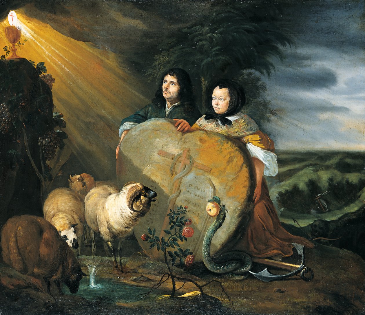 Autoportrait (?) avec son épouse et des symboles de la foi chrétienne - Johann Heinrich Roos
