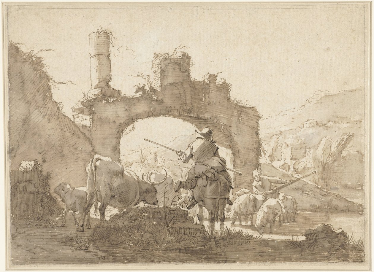 Deux bergers conduisant leur bétail à travers une rivière - Johann Heinrich Roos