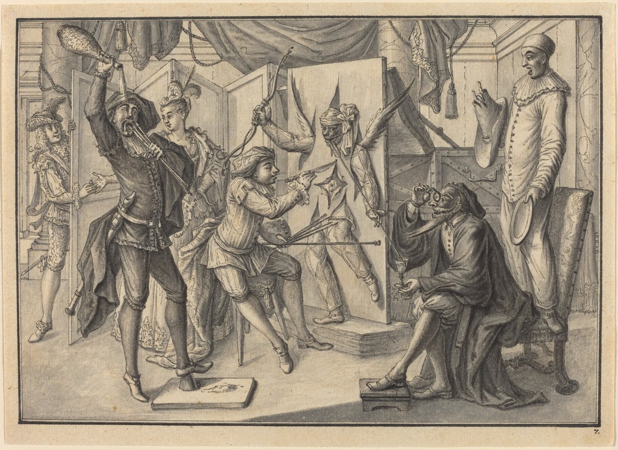 Mezzetin peint un portrait de Cupidon en découpant la toile pour révéler Arlequin - Johann Jacob Schubler