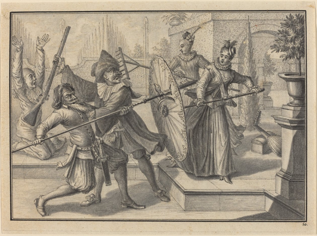 Pantalon et le Docteur se battant avec Colombine et Brigatella dans le jardin - Johann Jacob Schubler