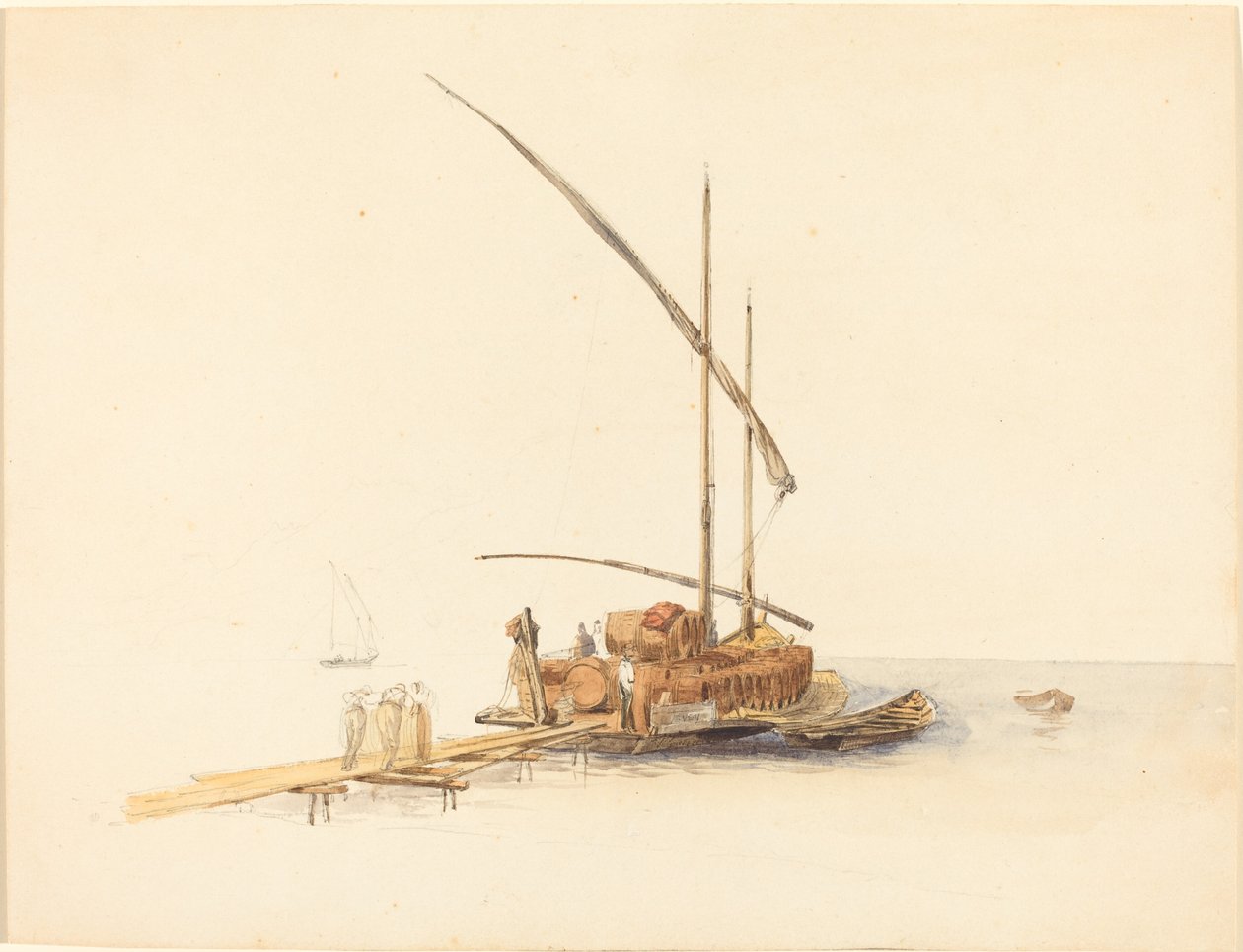 Barriques de vin chargées sur une péniche à voile à Vevey - Johann Jacob Ulrich