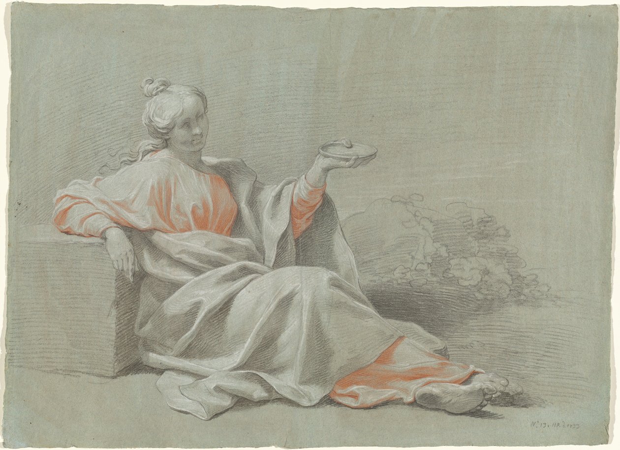 Jeune femme avec un bol, assise en plein air - Johann Justin Preissler