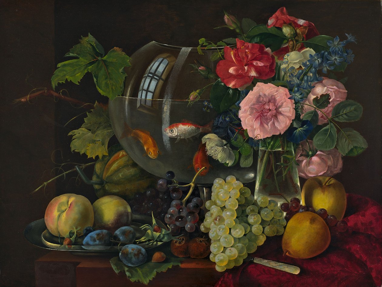 Nature morte avec bocal à poissons rouges (huile sur bois) - Johann Knapp