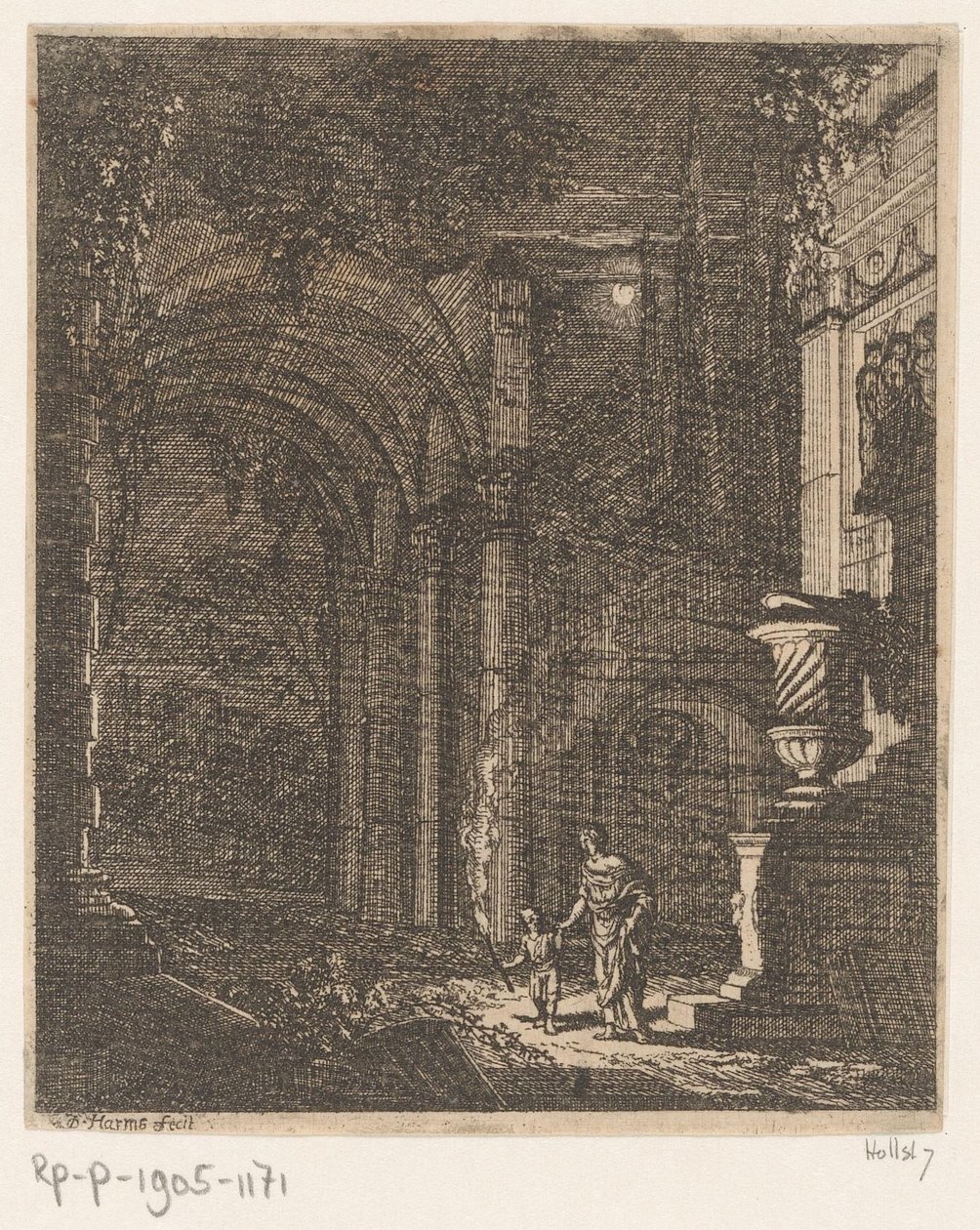 Deux figures éclairant des ruines antiques avec une torche (série: Ruines et bâtiments antiques) - Johann Oswald Harms