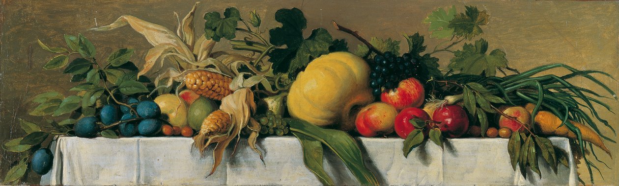 Nature morte aux fruits et légumes sur nappe blanche - Johann Peter Krafft