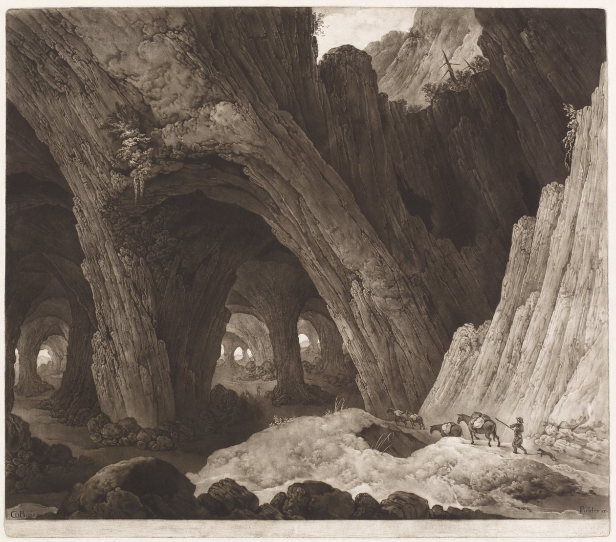 Voyageurs se reposant dans des cavernes gigantesques - Johann Peter Pichler, after Guillam Dubois
