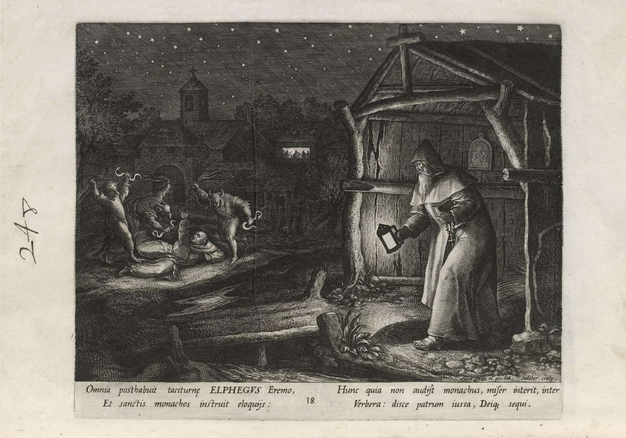 Elphegus, planche 18 sur 25 de la série Trophaeum Vitae Solitariae (ermites masculins) - Johann Sadeler I