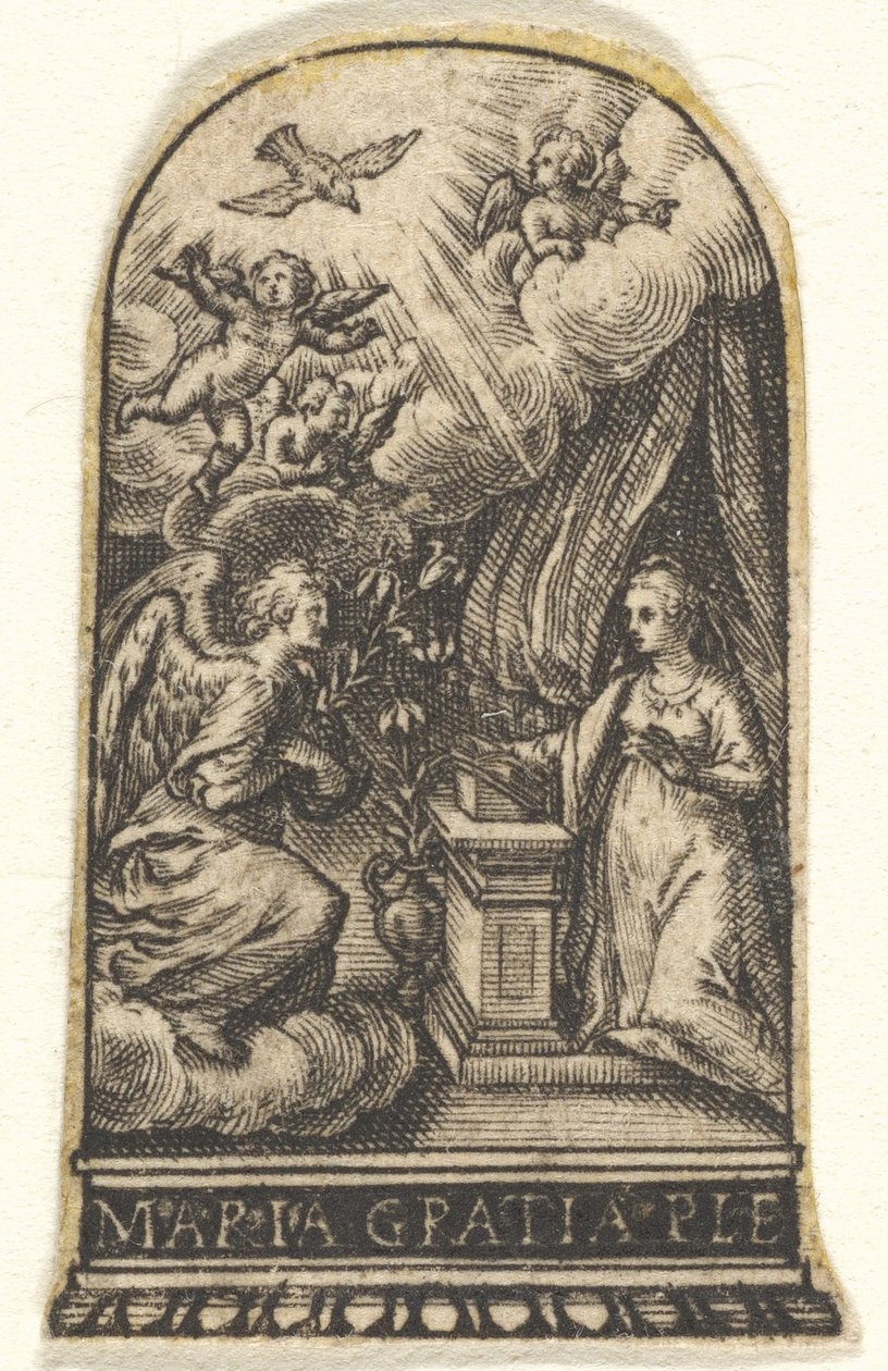 Annonciation, Marie agenouillée à un lutrin alors que Gabriel approche sur un nuage - Johann Theodor de Bry