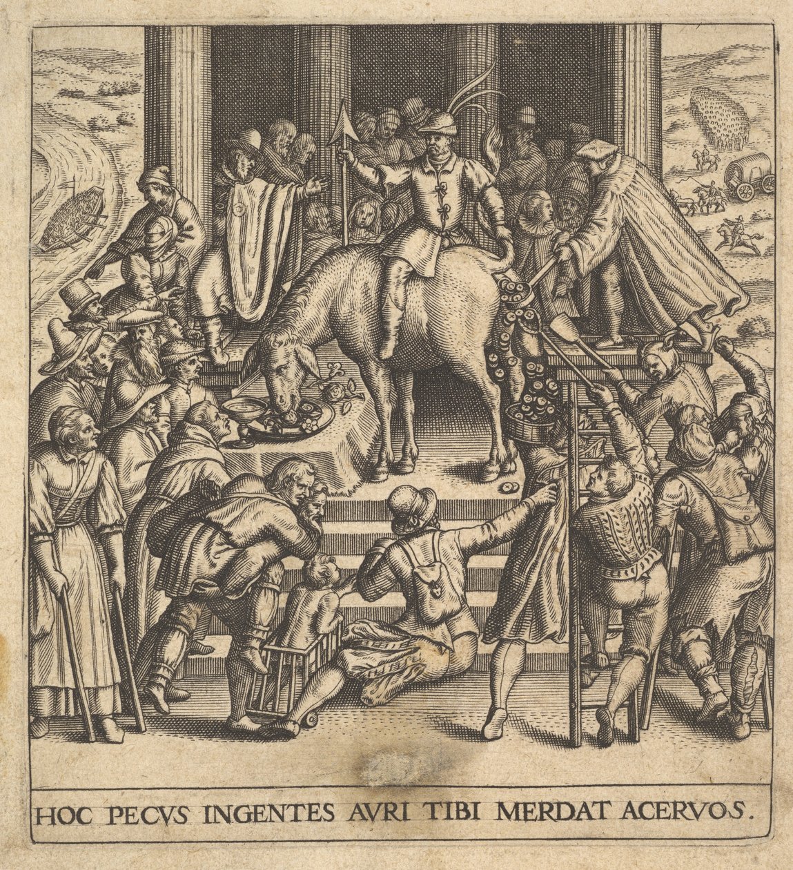 Hommes ramassant du fumier tombant des postérieurs d