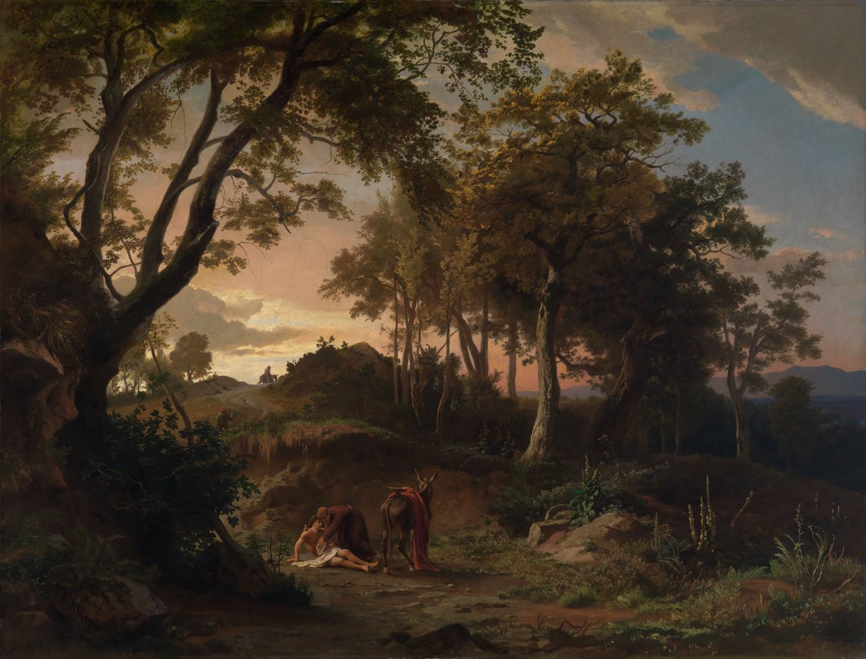 Le soir, le sauvetage du voyageur blessé par le bon Samaritain - Johann Wilhelm Schirmer