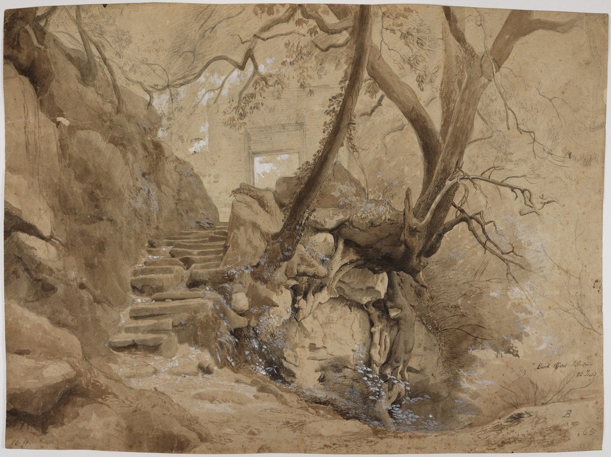Escalier taillé dans la roche dans le parc de la Villa Chigi à Ariccia - Johann Wilhelm Schirmer