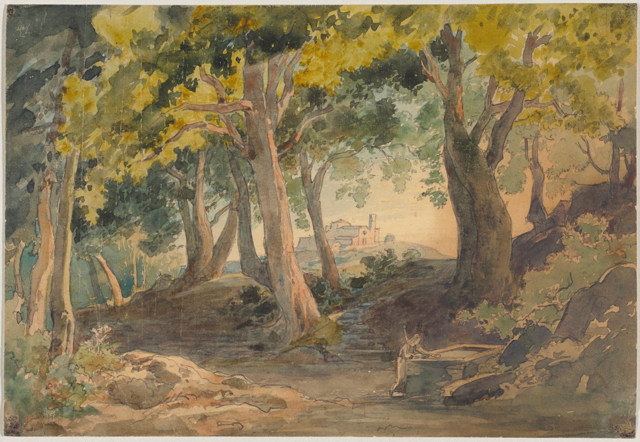 Paysage – avec de grands arbres à feuilles caduques et, en arrière-plan, une colline surmontée d